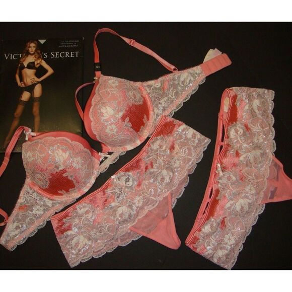 Victoria's Secret 32D32DDD BRA SET S thongs ORANGE SILVER WHITE SEXY SEDUCTION
